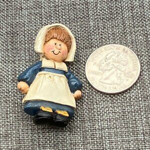 Vintage Pilgrim Girl Pin Brooch Hand Painted Amish Blue Dress White Apron Coif